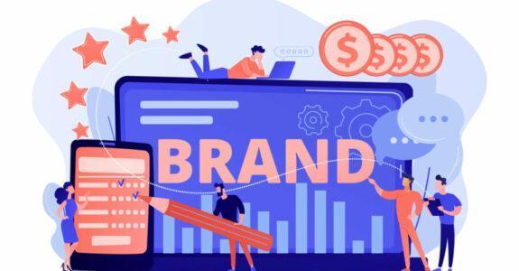 Promoting company credibility. Increasing clients loyalty. Customers conversion. Brand reputation, brand management, sales driving strategy concept. Pink coral blue vector isolated illustration