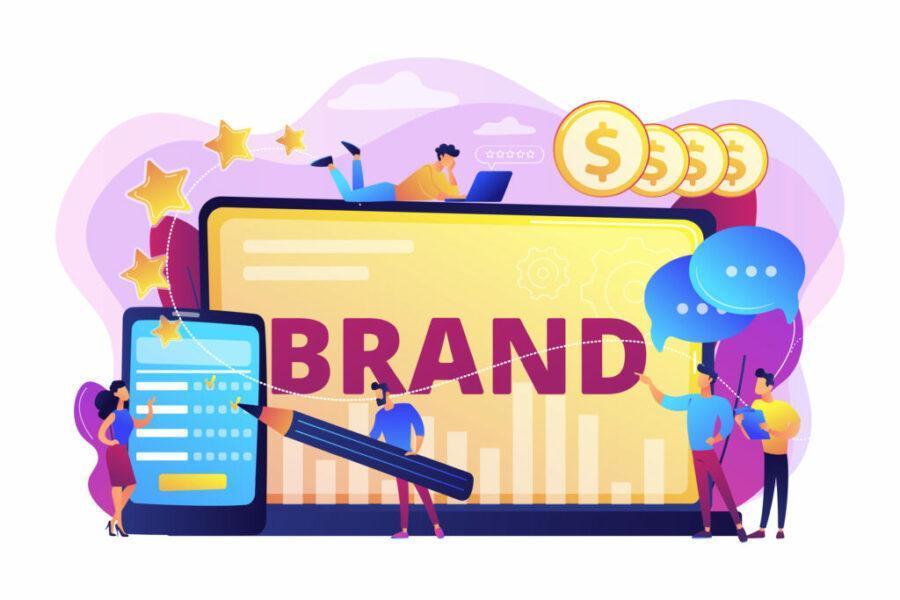 Promoting company credibility. Increasing clients loyalty. Customers conversion. Brand reputation, brand management, sales driving strategy concept. Bright vibrant violet vector isolated illustration